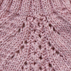 May include: Close-up of a pink knitted fabric with a sparkly silver thread woven throughout. The fabric has a delicate openwork pattern.