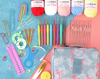 Beginner Crochet Kit 58 Items: Yarn, Hooks, Accessories, Flamingo Case