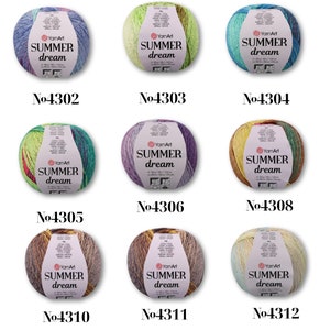 May include: Assortment of ten skeins of YarnArt Summer Dream yarn in various color combinations. The yarn is a blend of cotton and acrylic and is suitable for crocheting and knitting.
