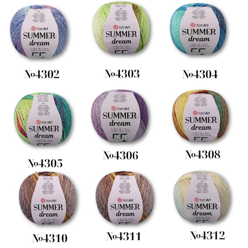May include: Assortment of ten skeins of YarnArt Summer Dream yarn in various color combinations. The yarn is a blend of cotton and acrylic and is suitable for crocheting and knitting.