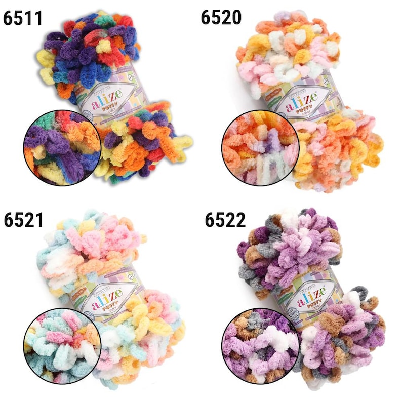 May include: Four colorful skeins of Alize Puffy yarn. Each skein is a different color combination, including blue, orange, yellow, pink, and purple. The yarn is soft and textured, perfect for knitting or crocheting projects. The product code is visible on each skein.