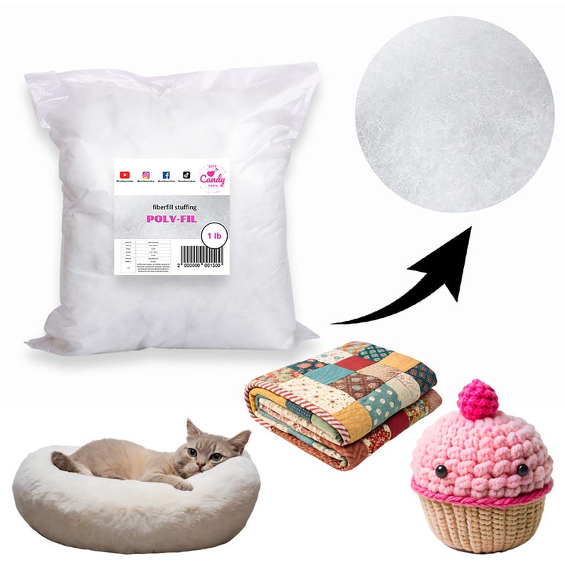 May include: A collection of craft and pet items. A bag of Poly-Fil fiberfill stuffing, a close-up of the stuffing, a folded patchwork quilt, a pink crocheted cupcake, and a cat in a white pet bed. The bag is labeled "1 lb".