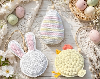 Crochet Easter Pattern Set 3-in-1 PDF, Amigurumi Bunny Egg Chick Ornaments, Easy Easter Decor Crochet Tutorial Instant Download