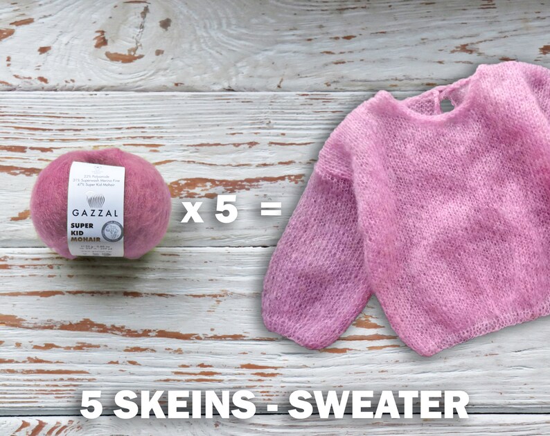 May include: Five skeins of pink Gazal Super Kid Mohair yarn are needed to knit a pink sweater. The yarn is shown next to the finished sweater.