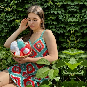 Patrón de vestido de ganchillo estilo abuela: Vestido veraniego colorido (XS-XL) (Patrón en PDF)