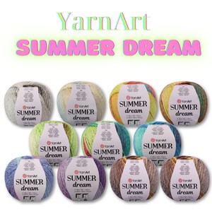 May include: Assortment of 10 balls of YarnArt Summer Dream yarn in various color combinations. Each ball is 100 grams and 350 meters. The yarn is made of cotton and acrylic.
