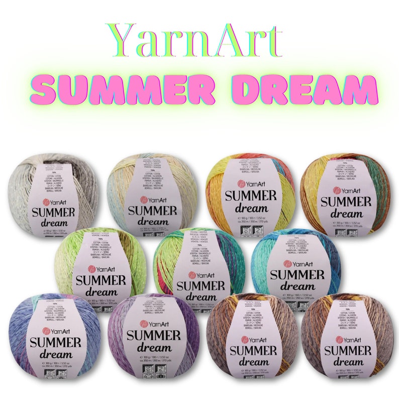 May include: Assortment of 10 balls of YarnArt Summer Dream yarn in various color combinations. Each ball is 100 grams and 350 meters. The yarn is made of cotton and acrylic.