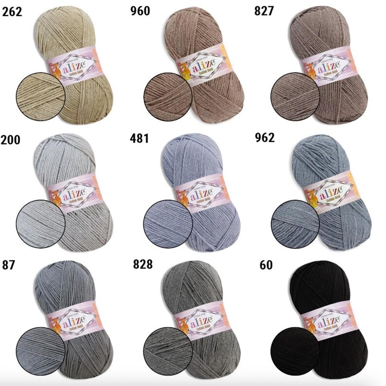 May include: A collection of Alize Cotton Gold yarn skeins in various colors, including beige, brown, gray, and blue. Each skein is labeled with a color code and a close-up of the yarn texture. Ideal for knitting and crochet projects.
