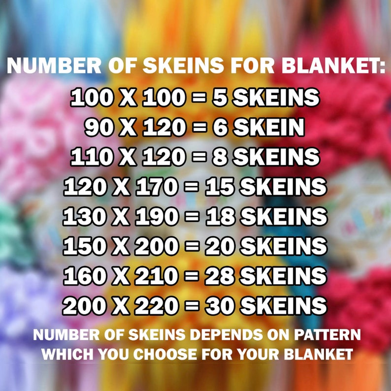 May include: Image with text: "NUMBER OF SKEINS FOR BLANKET:" followed by calculations for blanket sizes and the number of skeins needed. The text also states that the number of skeins depends on the pattern chosen.