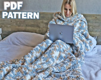 Manta de tricô de dedo com padrão de mangas, padrão PDF de chenille grosso, fio de laçada