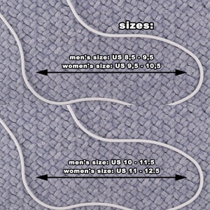 May include: A close-up of a gray textured surface with two white lines outlining the shape of a foot. The text "sizes:" is printed above the lines. The text "men's size: US 8.5 - 9.5" and "women's size: US 9.5 - 10.5" is printed above the top line. The text "men's size: US 10 - 11.5" and "women's size: US 11 - 12.5" is printed above the bottom line.