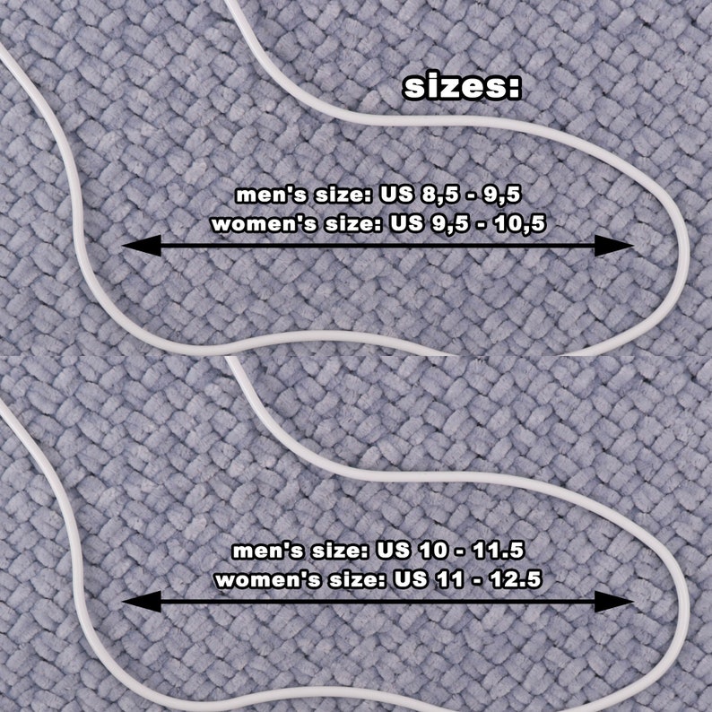 May include: A close-up of a gray textured surface with two white lines outlining the shape of a foot. The text "sizes:" is printed above the lines. The text "men's size: US 8.5 - 9.5" and "women's size: US 9.5 - 10.5" is printed above the top line. The text "men's size: US 10 - 11.5" and "women's size: US 11 - 12.5" is printed above the bottom line.