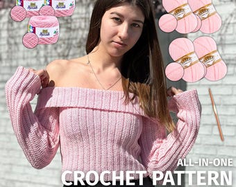 Off-the-Shoulder Top Crochet Kit, Pattern + Yarn, Easy Crochet Women Sweater, Craft Kit