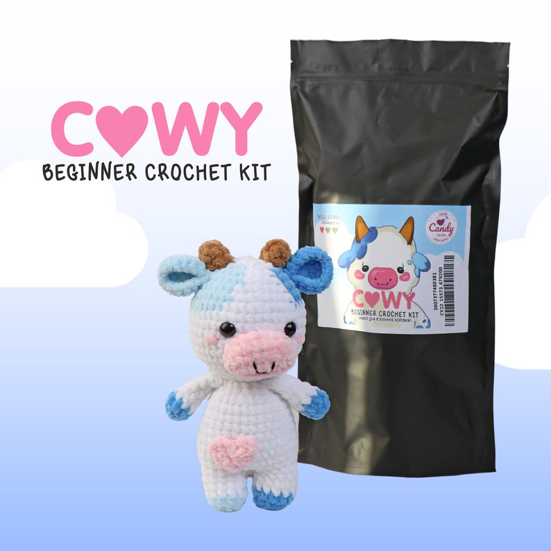 BEGINNER CROCHET KIT Amigurumi Cow, Easy Starter Crochet Kit, Amigurumi Kit, Diy Craft Kit Gift, Learn How To Crochet Kit, Amigurumi Cow image 2