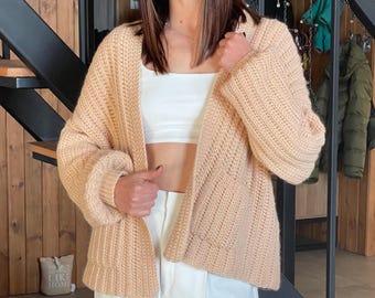 Crochet Cardigan Pattern, Cozy Women's Sweater with Pockets, Size Inclusive XS-3XL, PDF Pattern