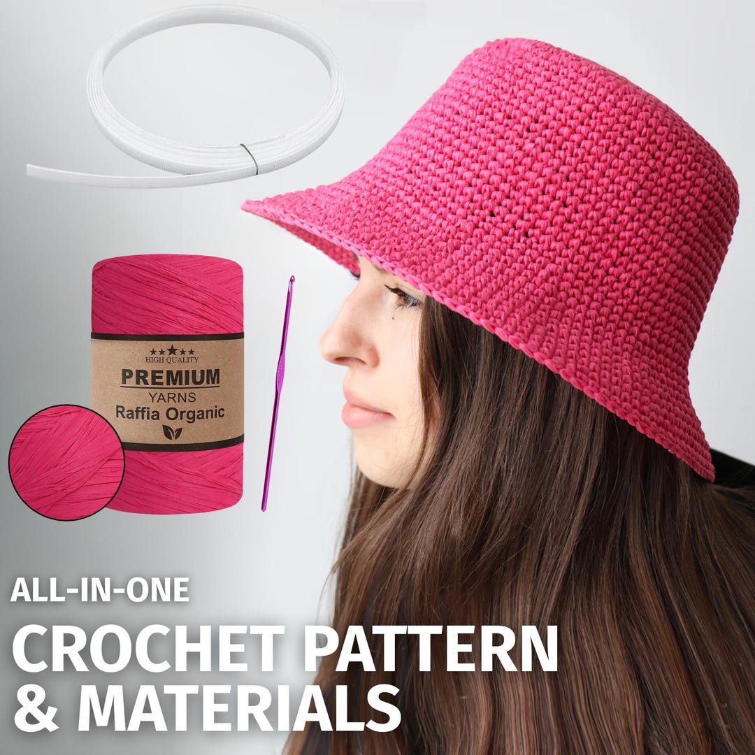 Crochet Bucket Hat Kit, Pattern + Raffia Yarn, Easy PDF Beginner Summer ...