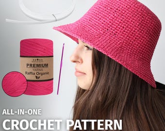 Crochet Bucket Hat Kit, Pattern + Raffia Yarn, Easy PDF Beginner Summer Sun Hat Panama Craft Kit
