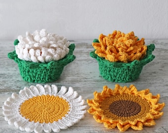 Crochet Flower Coaster Set Pattern, Easy Mini Pot & Daisy (PDF Download)