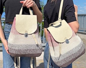 Rucksack häkeln, einfaches Taschenmuster für Anfänger mit Leder-Accessoires