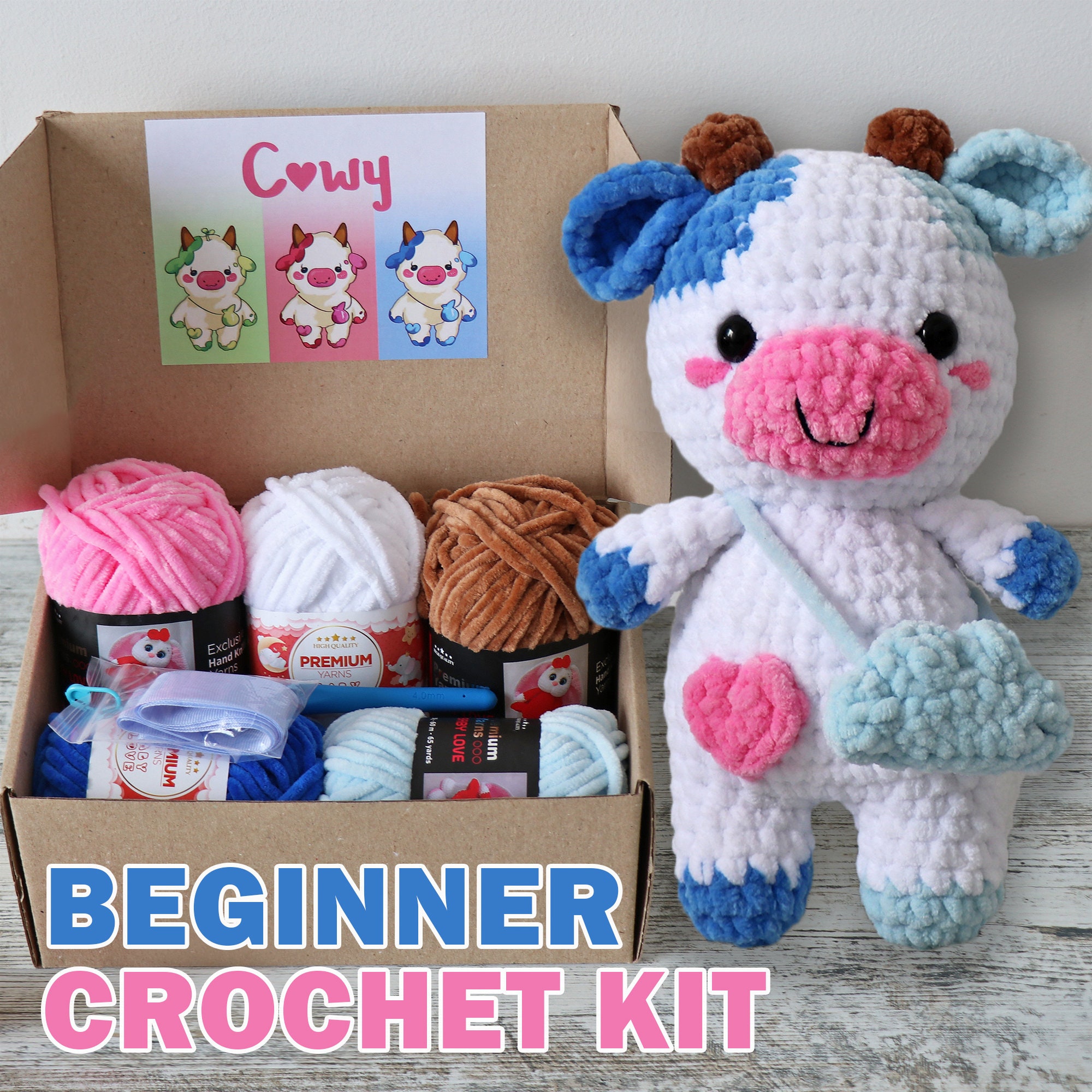 Cow Craft Kit  Cow Crochet Kit - Intermediate Skill Level - Makes One Cow  8.5 x 7 x 4in. (nmnccrchktcow) 