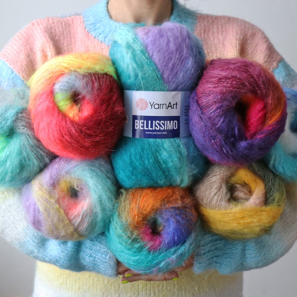 YARNART BELLISSIMO, fil mohair duveteux, fil crochet multicolore, fil dégradé, fil mohair, laine mohair, fil pour gâteau, fil volumineux, fil dégradé