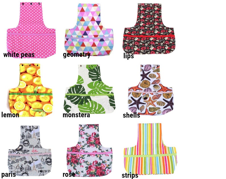 May include: Ten different fabric designs for a small tote bag. The designs include white peas, geometry, lips, lemon, monstera, shells, paris, rose, strips, and a floral design.