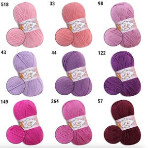 May include: A selection of Alize Cotton Gold yarn skeins in various colors, including pink, purple, and burgundy. Each skein has a matching swatch, and the numbers 518, 33, 98, 43, 44, 122, 149, 264, and 57 are visible.