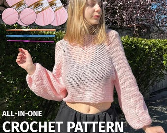 Mesh Sweater Crochet Kit, Pattern + Yarn, Easy Crochet Women Longsleeve, Craft Kit