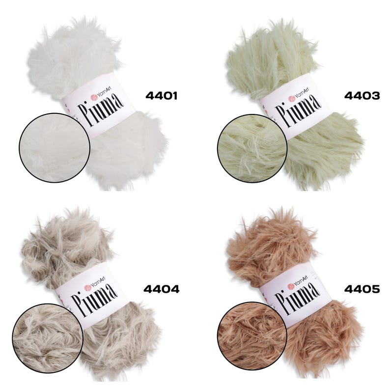May include: Four skeins of YarnArt Piuma yarn in various colors: white, light green, grey, and brown. Each skein has a fluffy, textured appearance and a label with the brand name and a color code. The yarn is ideal for knitting and crochet projects.