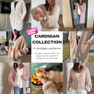 Könnte beinhalten: Eine Sammlung von vier verschiedenen Strickmuster-Cardigans in verschiedenen Stilen und Farben, darunter ein langer, gürtelbarer Entwurf und ein Modell mit Knöpfen. Der Text "CARDIGAN COLLECTION" wird angezeigt.