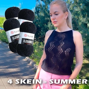 May include: Four skeins of black yarn art elegance yarn, with the text "YarnArt Elegance" on the label. A woman is wearing a black crocheted top with a geometric pattern.