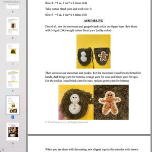 May include: Instructions for crocheting a snowman and gingerbread cookie ornament. The image shows a close-up of the finished ornaments, which are both green with white and red details. The text in the image reads "Row 4 - *2 sc, 1 inc* x 6 times (24)" and "Row 5 - *3 sc, 1 inc* x 6 times (30)".