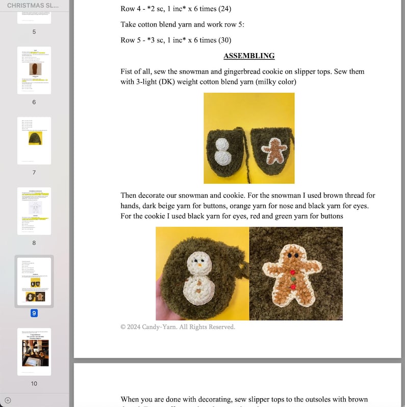 May include: Instructions for crocheting a snowman and gingerbread cookie ornament. The image shows a close-up of the finished ornaments, which are both green with white and red details. The text in the image reads "Row 4 - *2 sc, 1 inc* x 6 times (24)" and "Row 5 - *3 sc, 1 inc* x 6 times (30)".