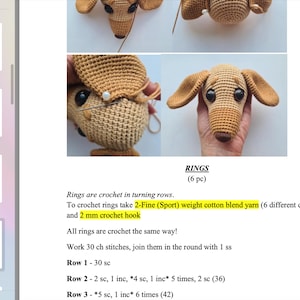 May include: Crochet instructions for making rings for a stuffed animal. The instructions call for 2-Fine (Sport) weight cotton blend yarn in 6 different colors and a 2 mm crochet hook. The instructions include the number of stitches for each row.