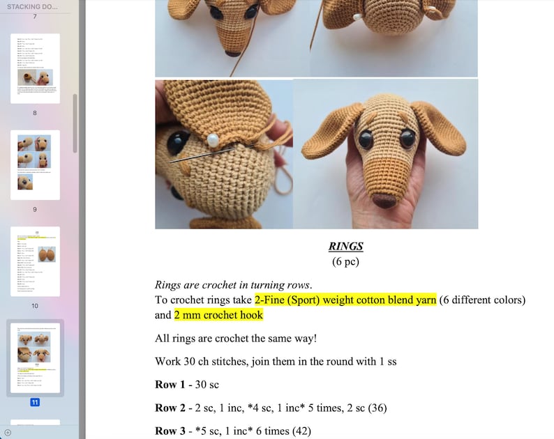 May include: Crochet instructions for making rings for a stuffed animal. The instructions call for 2-Fine (Sport) weight cotton blend yarn in 6 different colors and a 2 mm crochet hook. The instructions include the number of stitches for each row.