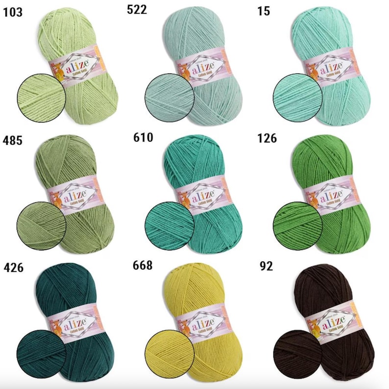 May include: A collection of Alize Cotton Gold yarn skeins in various colors, including shades of green, teal, yellow, and brown. Each skein has a matching swatch, and the product labels display the Alize brand name and product details.