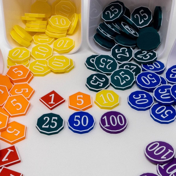 Money Tokens - White Writing on Rainbow Coins - Multi-colored - Replacement Game Pieces - 3D Printed