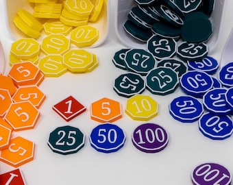 Money Tokens - White Writing on Rainbow Coins - Multi-colored - Replacement Game Pieces - 3D Printed