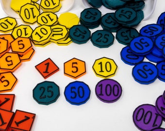 CLEARANCE - Money Tokens - 100 Tokens per Set - Black Writing on Rainbow Coins - Multi-colored - Replacement Game Pieces - 3D Printed