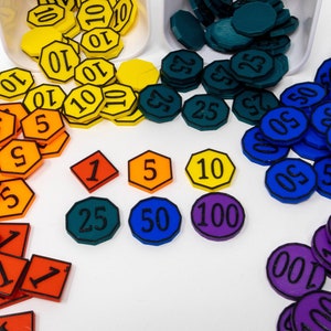 CLEARANCE - Money Tokens - 100 Tokens per Set - Black Writing on Rainbow Coins - Multi-colored - Replacement Game Pieces - 3D Printed