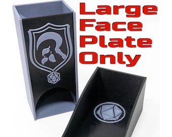 May include: A black and gray 3D printed dice tower with a large face plate. The face plate has a gray geometric design. The tower is labeled "Large Face Plate Only".