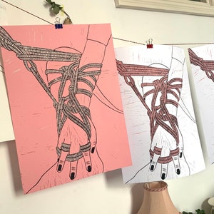 My hands are tied // Linocut Original A3 Art Print Two Colour