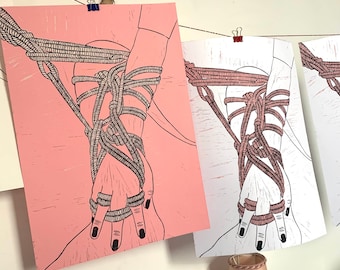 Meine Hände sind gebunden // Linolschnitt Original A3 Kunstdruck zweifarbig