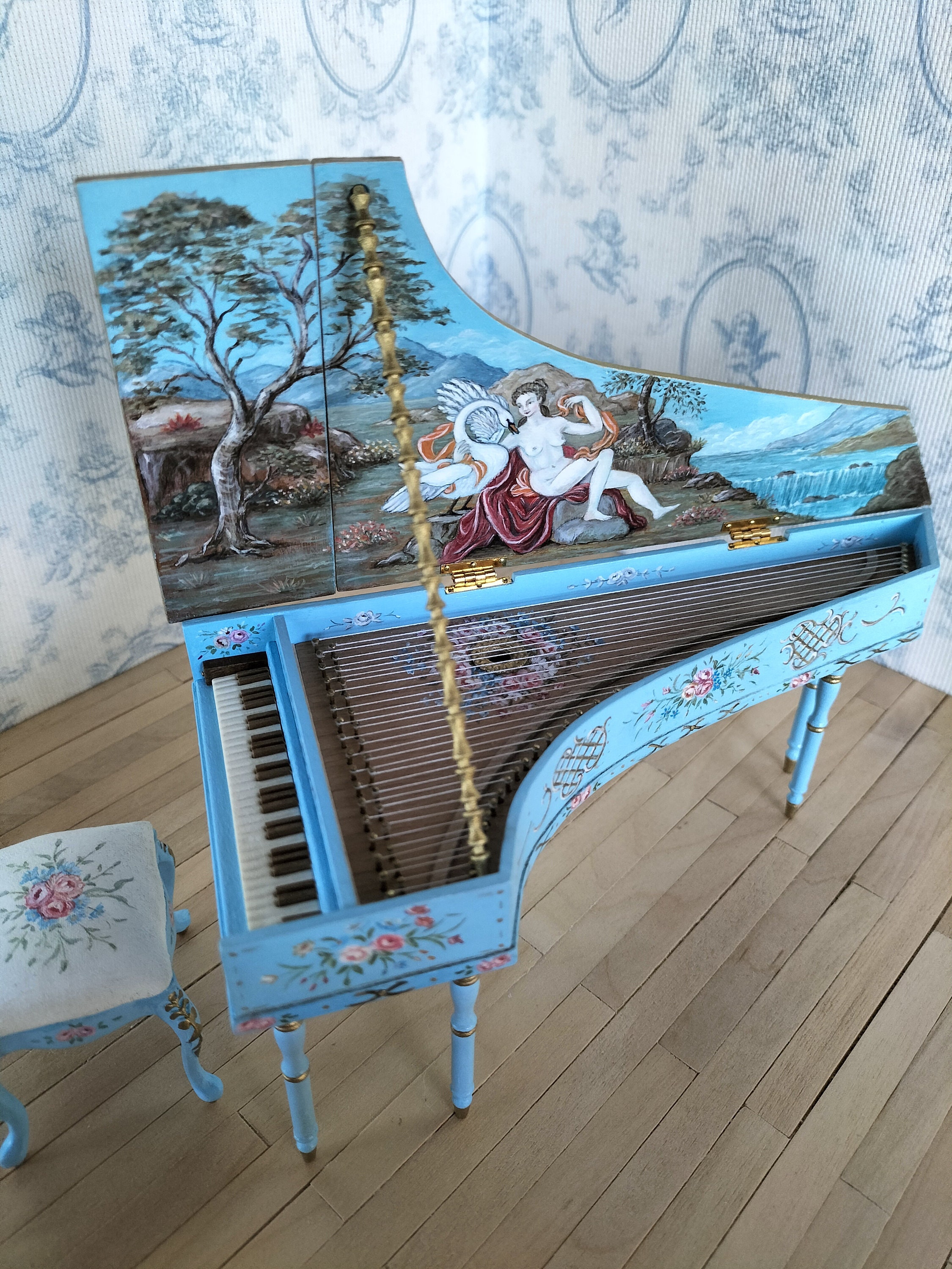 Dollhouse Harpsichord and Bench. French Style Harpsichord and Bench. 1/