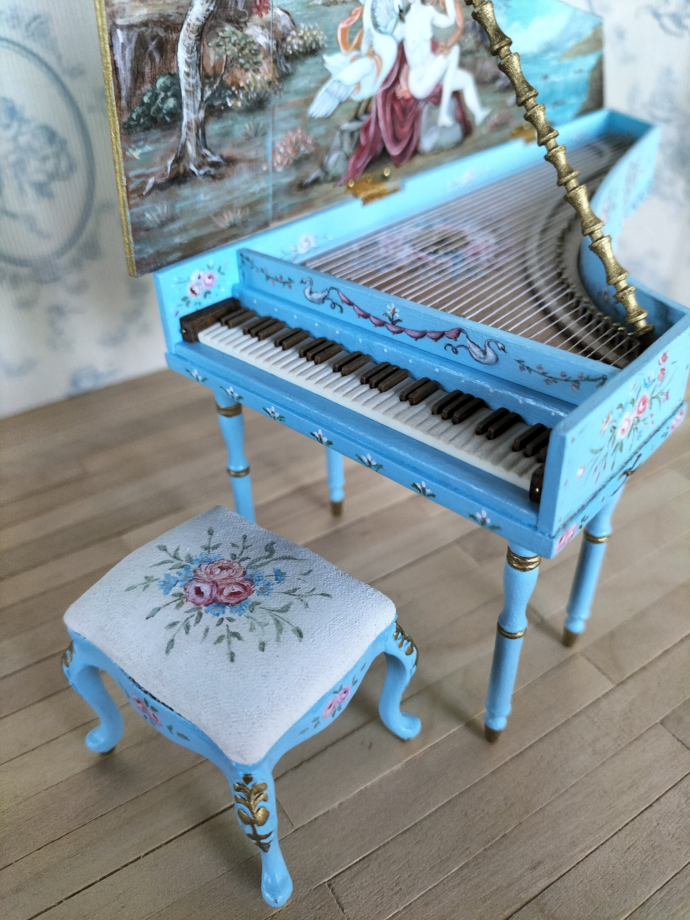 Dollhouse Harpsichord and Bench. French Style Harpsichord and Bench. 1/