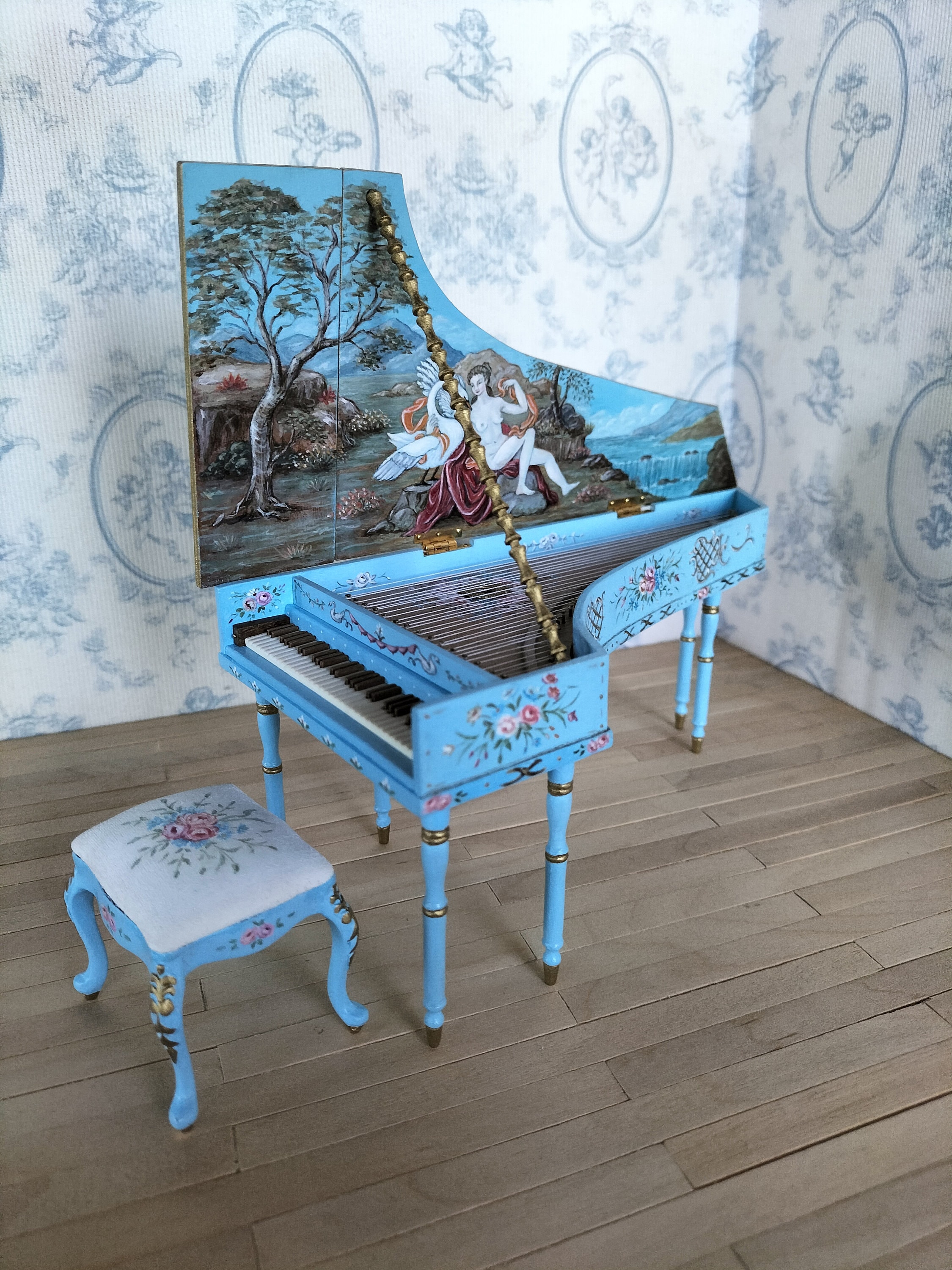Dollhouse Harpsichord and Bench. French Style Harpsichord and Bench. 1/