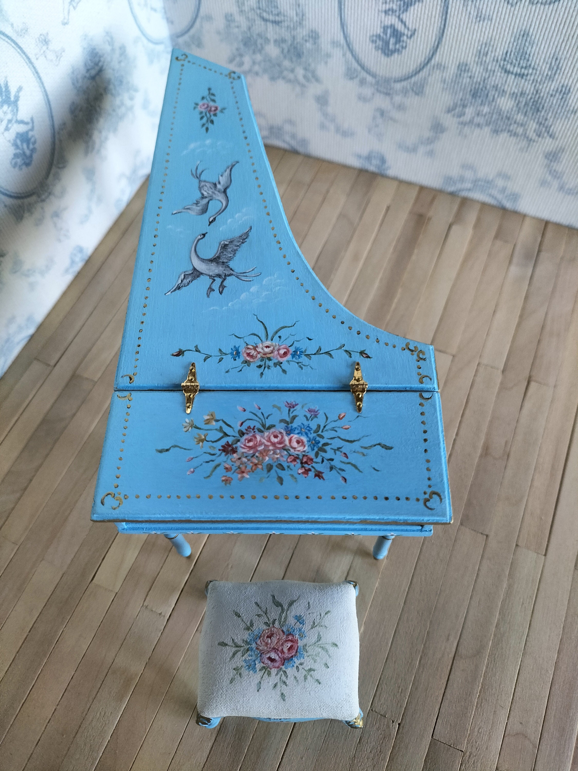 Dollhouse Harpsichord and Bench. French Style Harpsichord and Bench. 1/