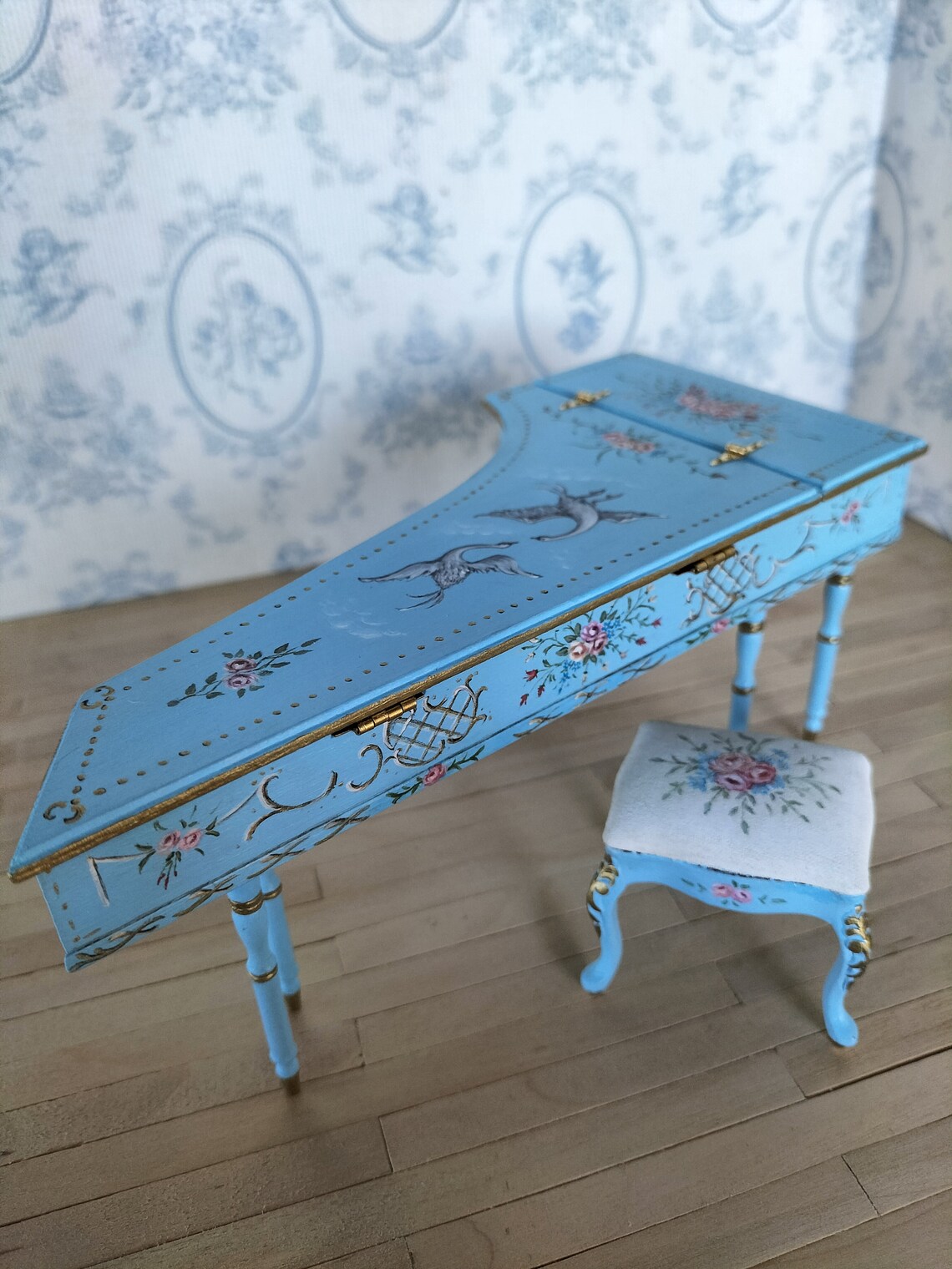 Dollhouse Harpsichord and Bench. French Style Harpsichord and Bench. 1/