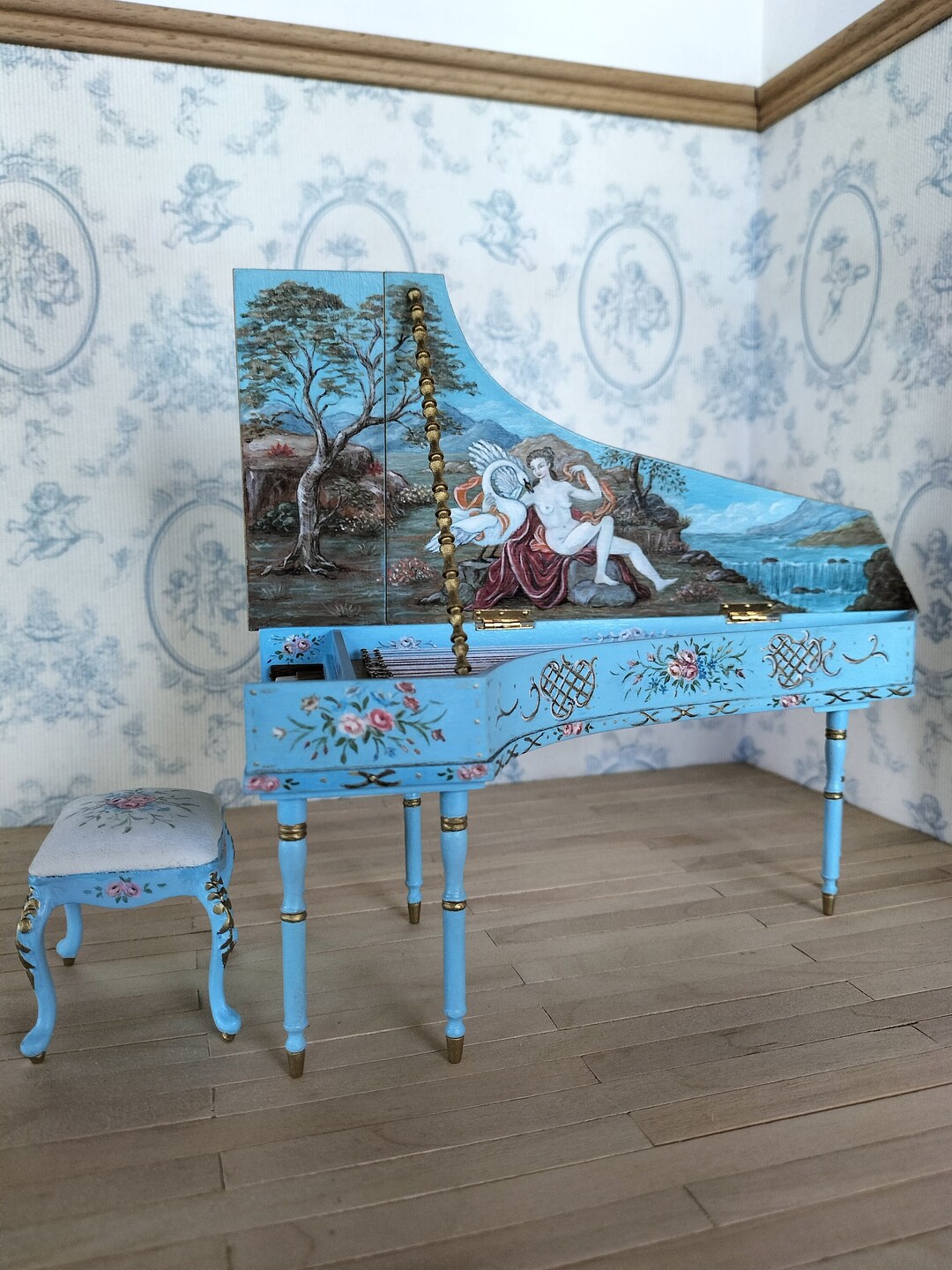 Dollhouse Harpsichord and Bench. French Style Harpsichord and Bench. 1/