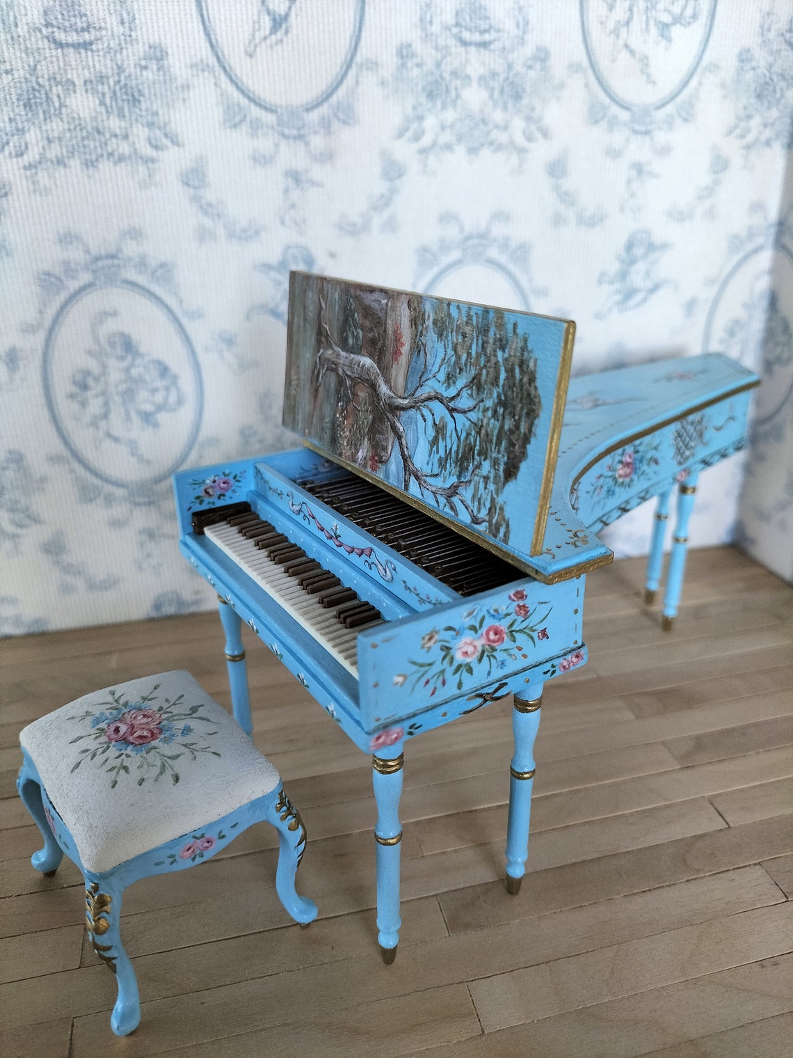 Dollhouse Harpsichord and Bench. French Style Harpsichord and Bench. 1/